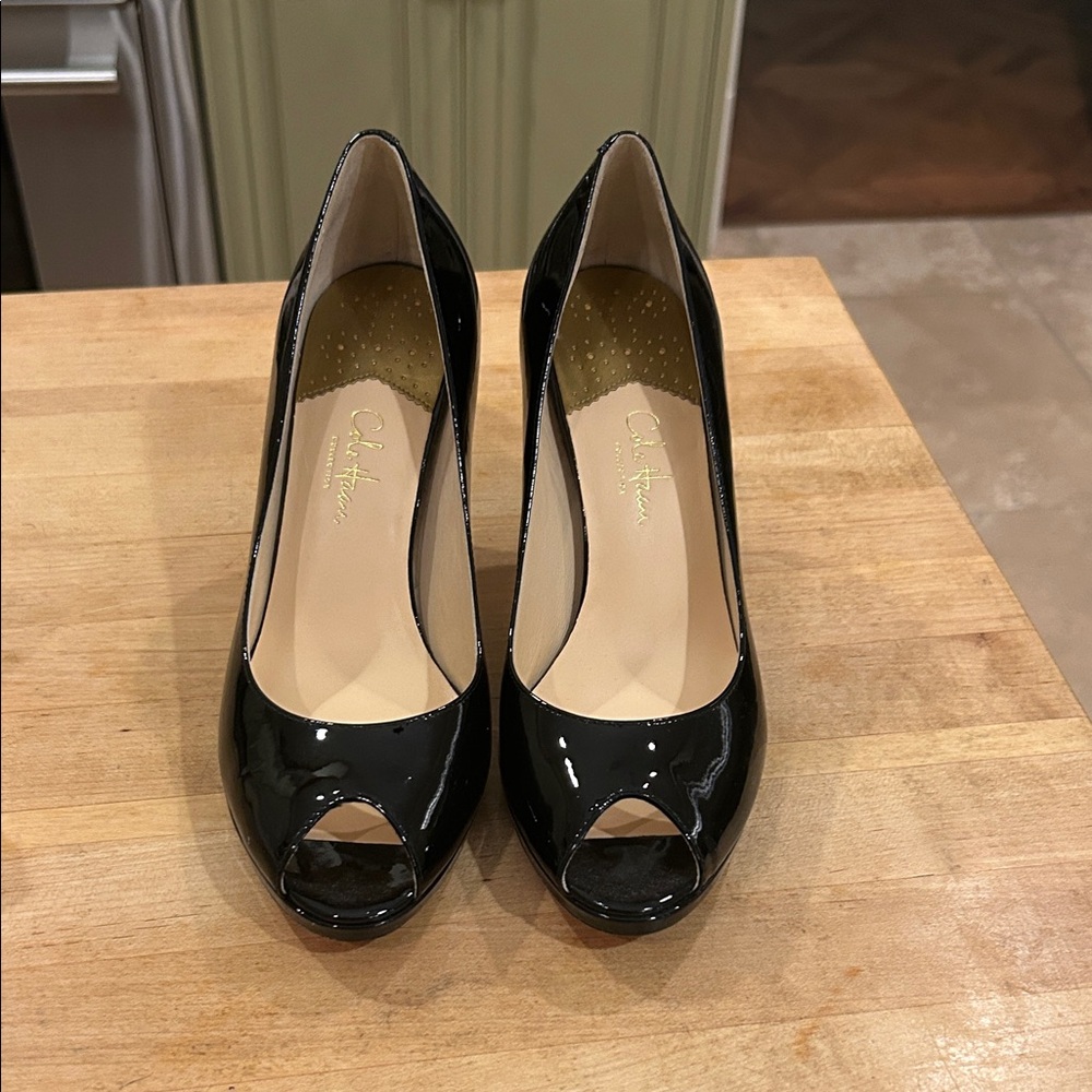 Cole Haan Black Patent Peep-Toe Heels
